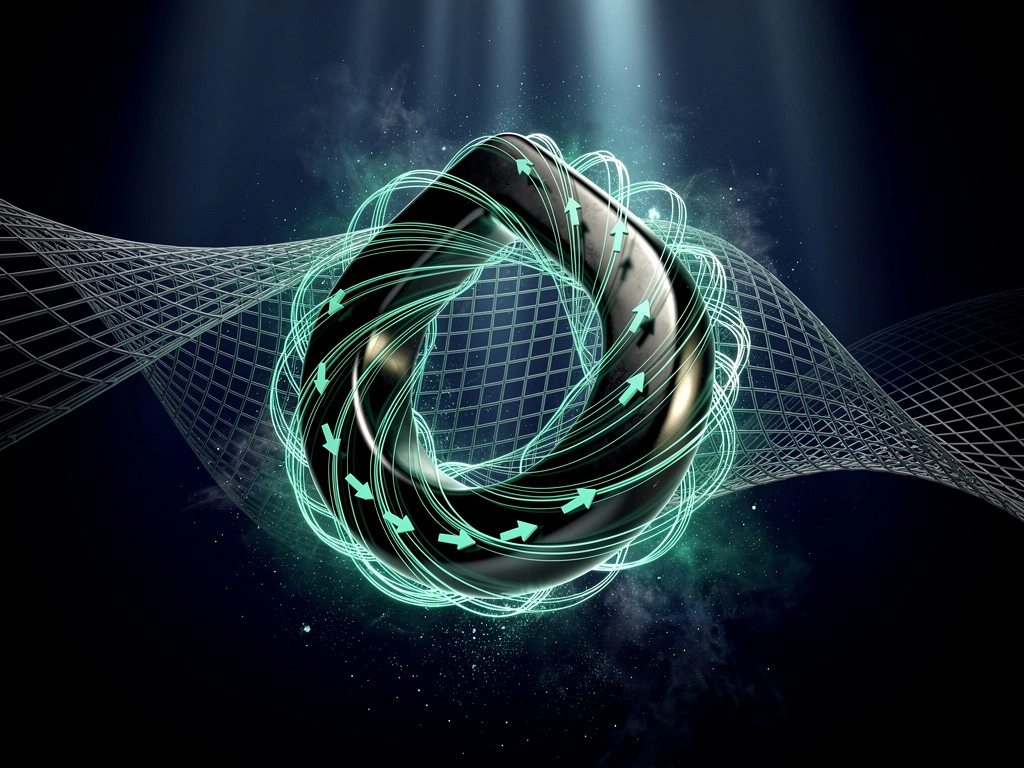 A teardrop toroidal coil wrapped in vector-potential field lines against a warped higher-dimensional grid